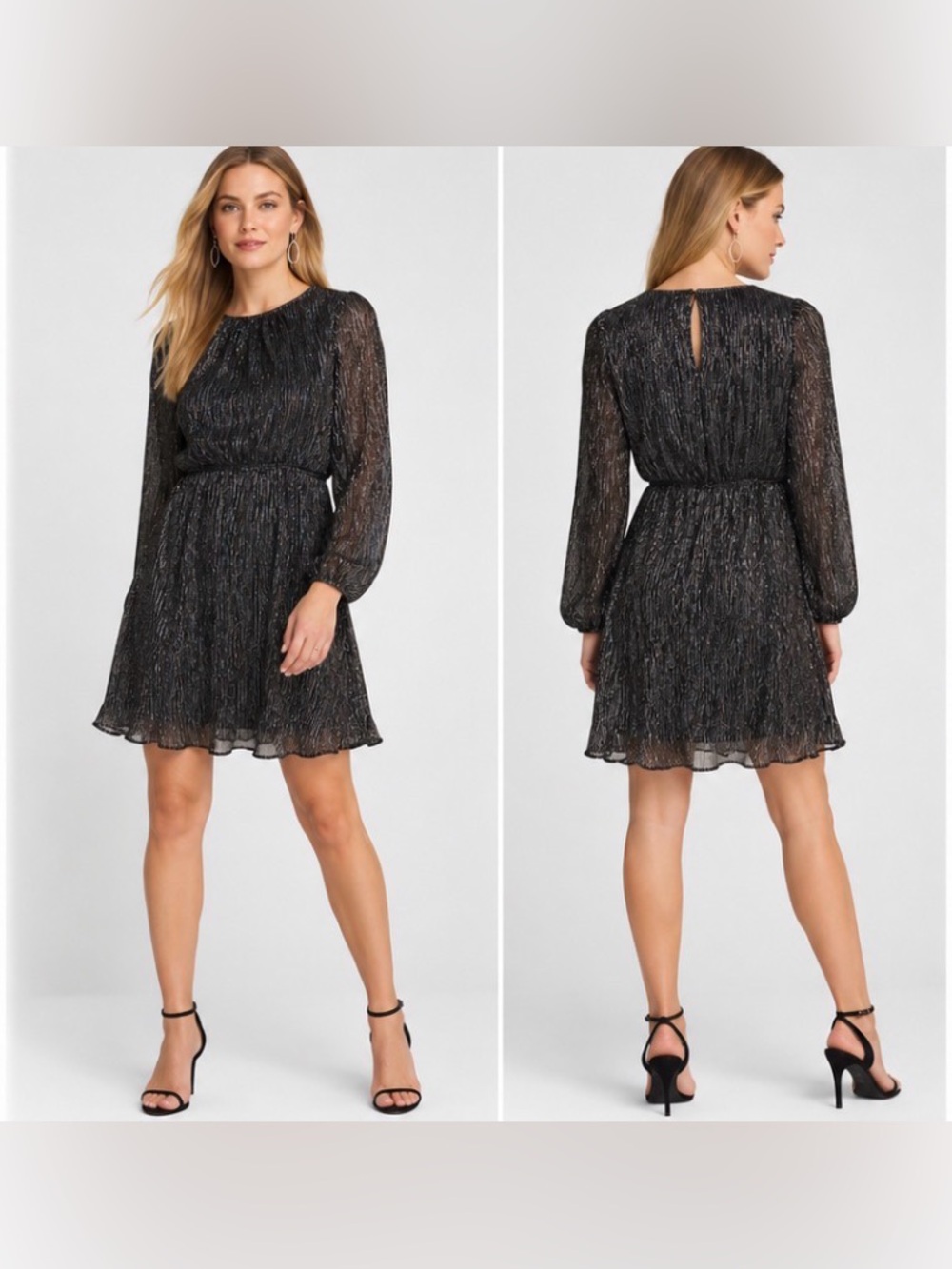 White House Black Market Black Metallic Long Sleeve Pleated Dress